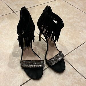 Vince Camuto black suede heels fringe at ankle - Fantastic condition. Size 9.